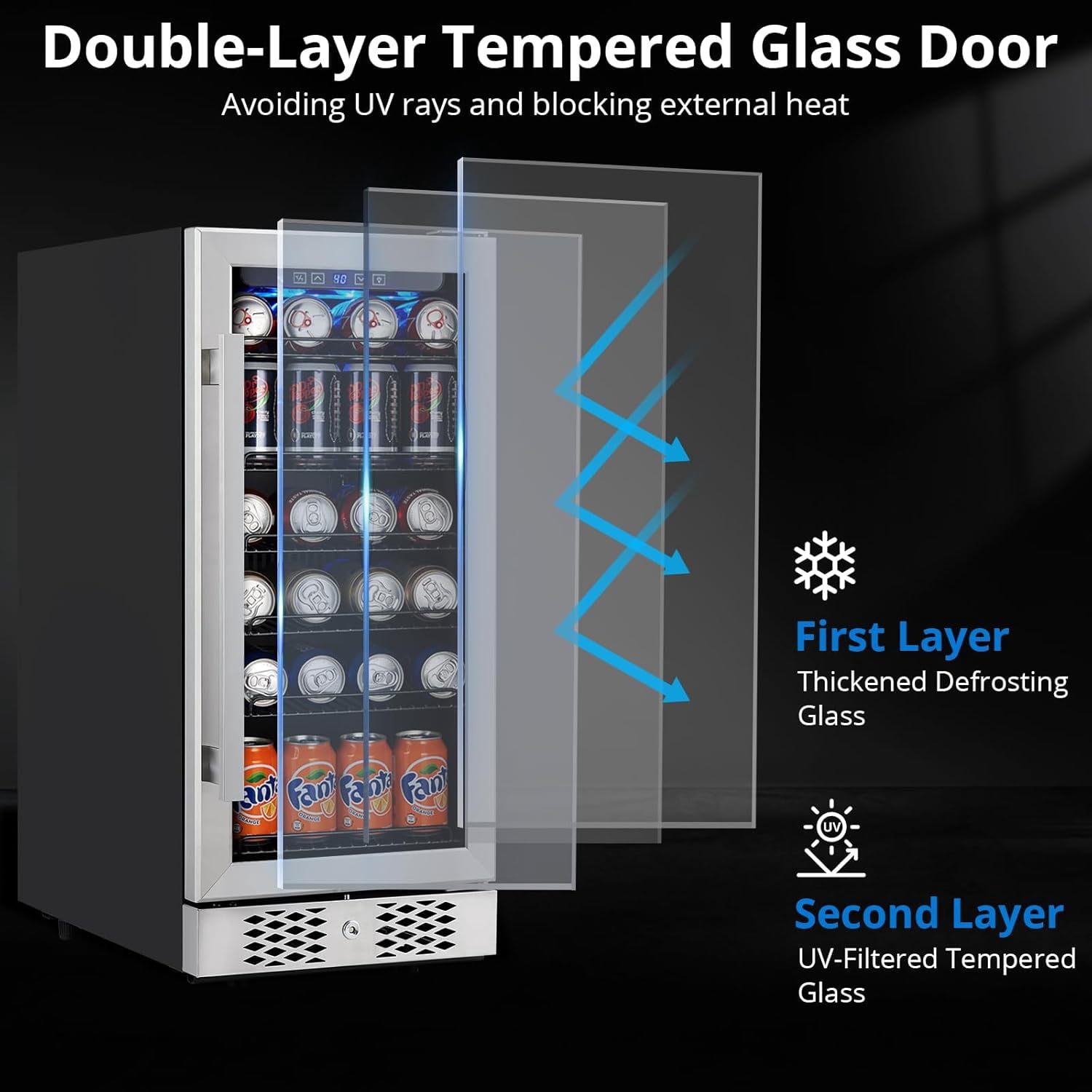 15 Inch Beverage Refrigerator, 96 Cans Stainless Steel Fridge with Double-Layer Tempered Glass Door, Freestanding & Built-In Wine Cooler, Safety Lock for Home, Office, Bar