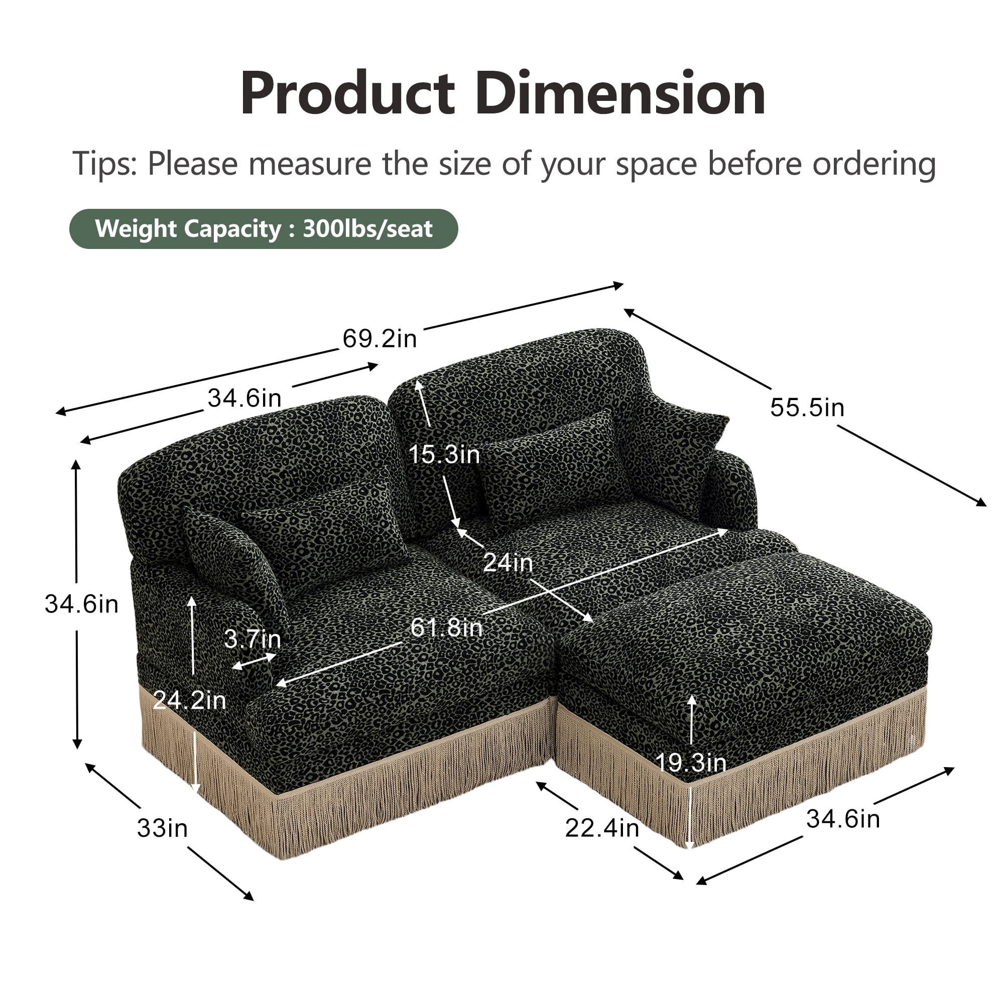 HUTWIFE Home Leopard Print Chenille Deep Seat and Tassel Trim Sectional Sofas with 1 Movable Ottoman, Green/Black
