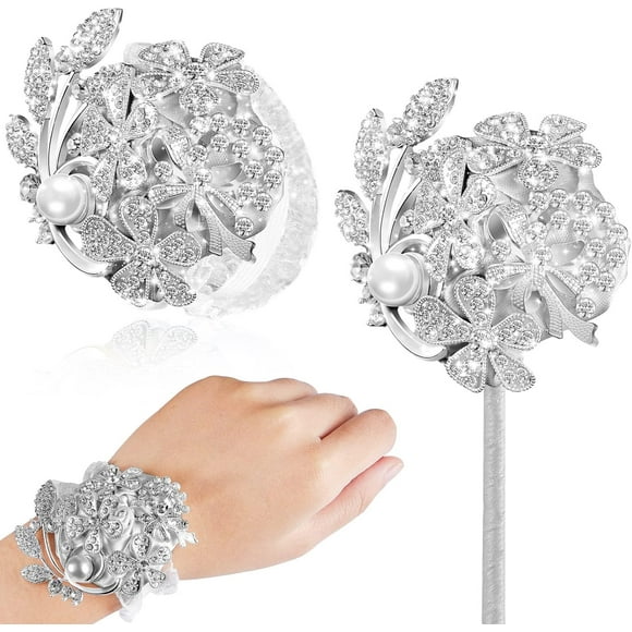 2 Pcs Artificial Corsages Wrist Flower Rhinestone Wrist Corsage Artificial Silk Corsage Wedding Wrist Corsage for Wedding Boutonniere Wrist Flowers Party Bridal Shower