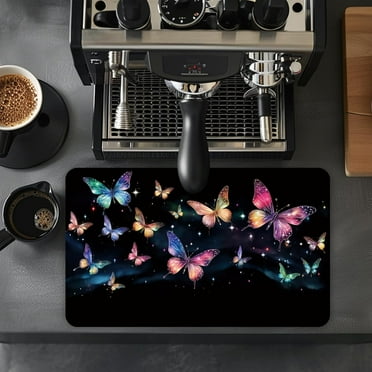 Coffee Mat Coffee Bar Mat 19.5x12in Hide Stain Absorbent Rubber Backed Quick Drying Mat Fit Under Coffee Maker Espresso Machine Kitchen Counter, Colorful Butterflys