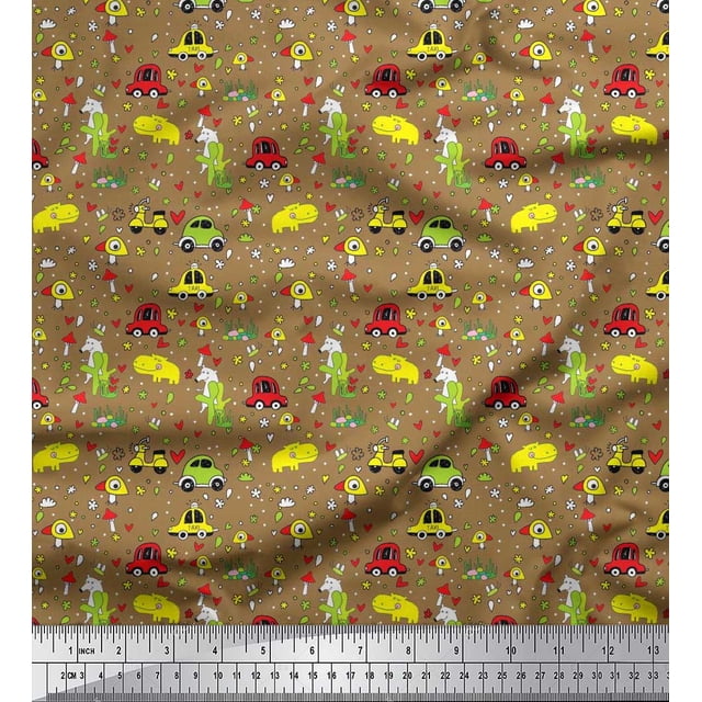 Soimoi Poly Georgette Fabric Heart,Vehicles & Animals Cartoon Fabric Prints by Yard 42 Inch Wide