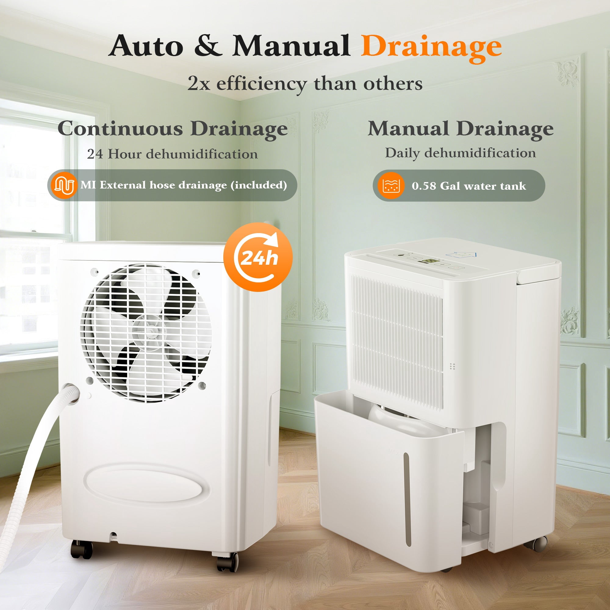 MF Studio 8 Pints Dehumidifier for Basement, Cover Up to 2500 Sq. Ft Home Space with Drain Hose, 0.58 Gal Water Tank, Overflow Protection, Auto Defrost & Drain, White