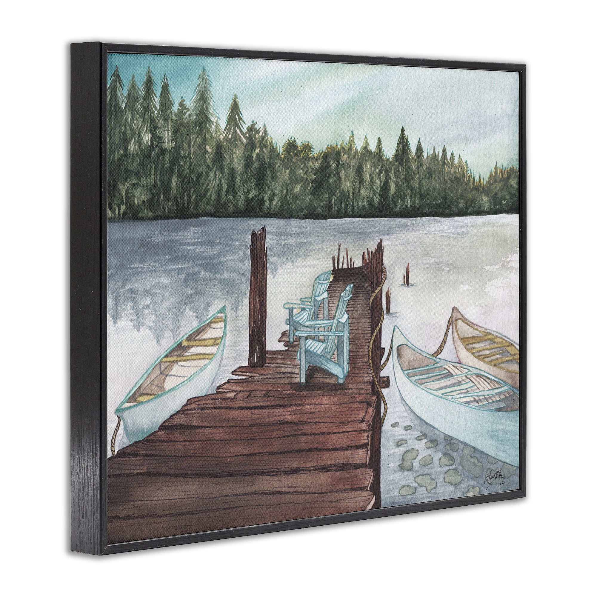 Stupell Industries Canoes at Lake Dock Landscape Painting Black Framed Art Print Wall Art, 20 x 16