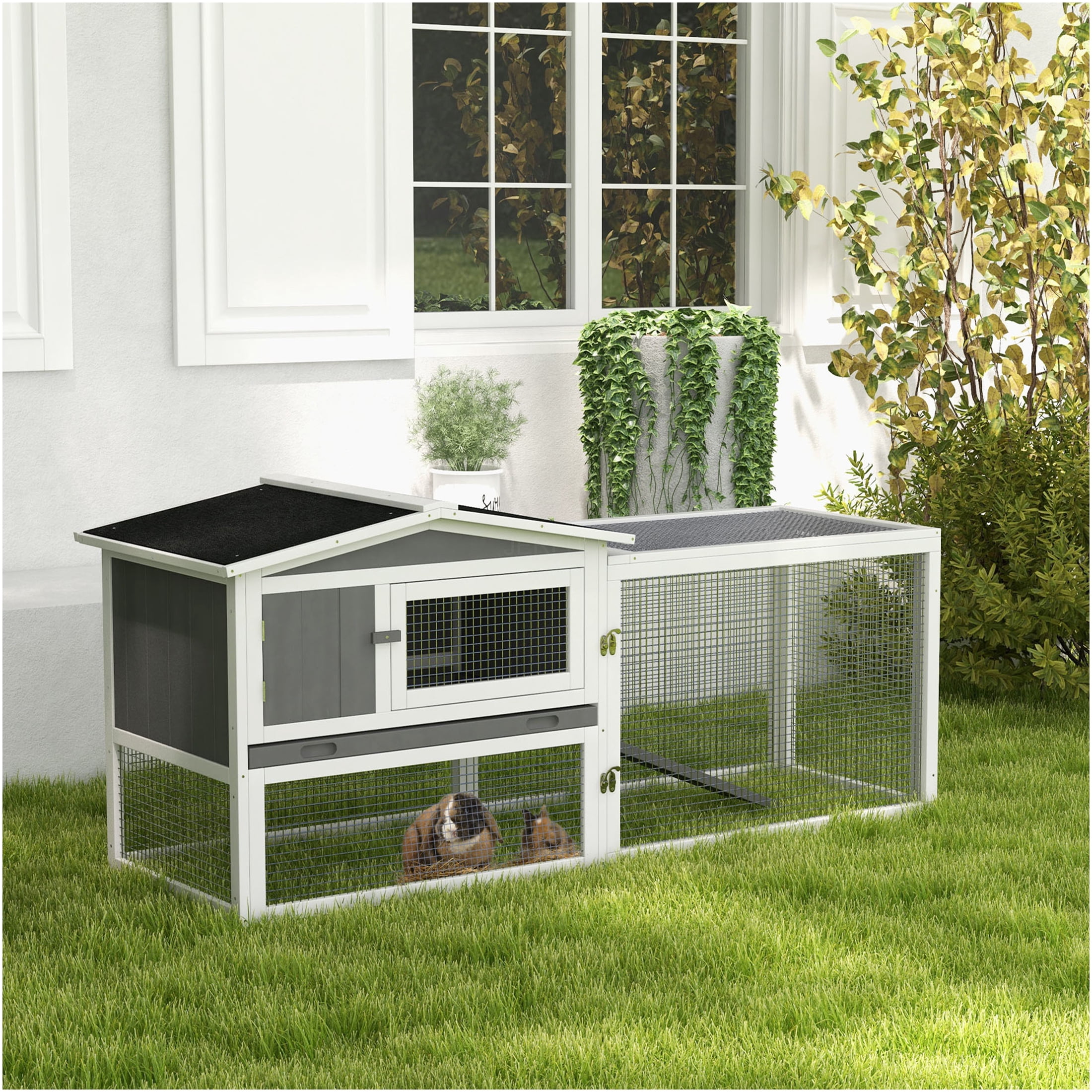 JERFIT 2-Story Outdoor Rabbit Hutch with Waterproof Asphalt Roof, Detachable Run & Slide-Out Tray, Large Wooden Bunny Cage House for Indoor Outdoor Use, Light Gray