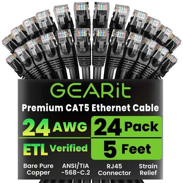 Cable Ethernet GEARit Cat5e, paquete de 24, 1,5 m, RJ45, negro