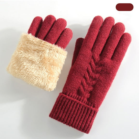 PInxai Gloves for Women Winter Knitted Solid Color Fleece Lined Texture Gloves Outdoor Windproof Warm Gloves,Red,Free Size