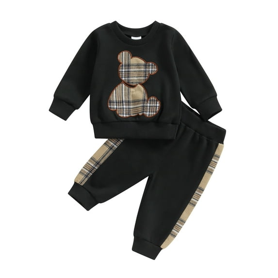Wassery Baby Girls Boys Pants Set 3 6 9 12 18 24 Months Infant Long Sleeve Crew Neck Bear Sweatshirt with Elastic Waist Plaid Sweatpants