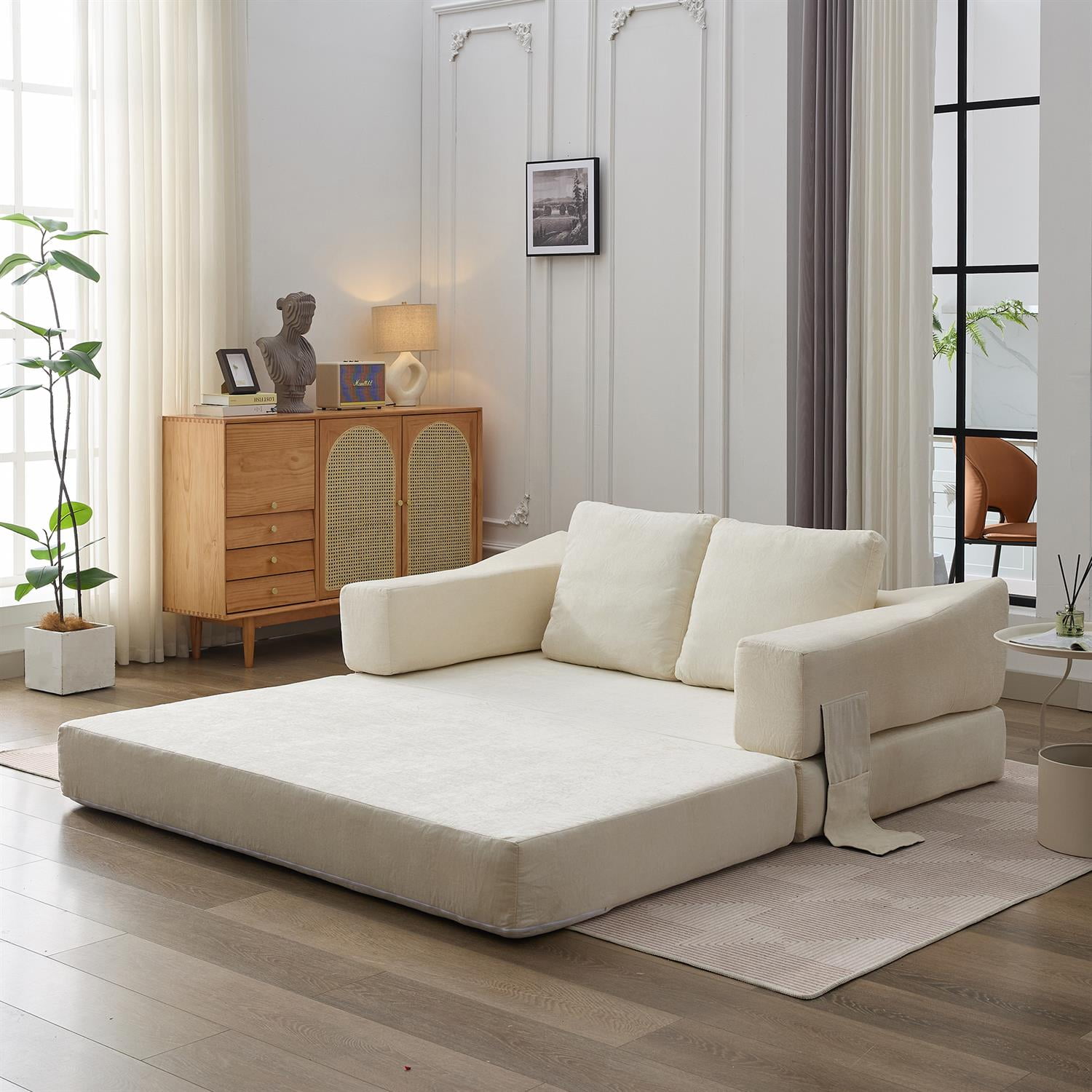 Demi Bonn 70" Modern Minimalist Convertible Sofa Bed, Fold-Out Sofa Chair, Versatile Floor Couch & Mattress for Living Room, Bedroom, Apartment, Removable Backrest, White