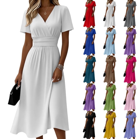 Summer Solid Dresses for Women 2026 - Boho Madi Dress Short Sleeve V Neck Below the Knee Dressy - Casual Sundresses Beach Vacation Outfits Black L