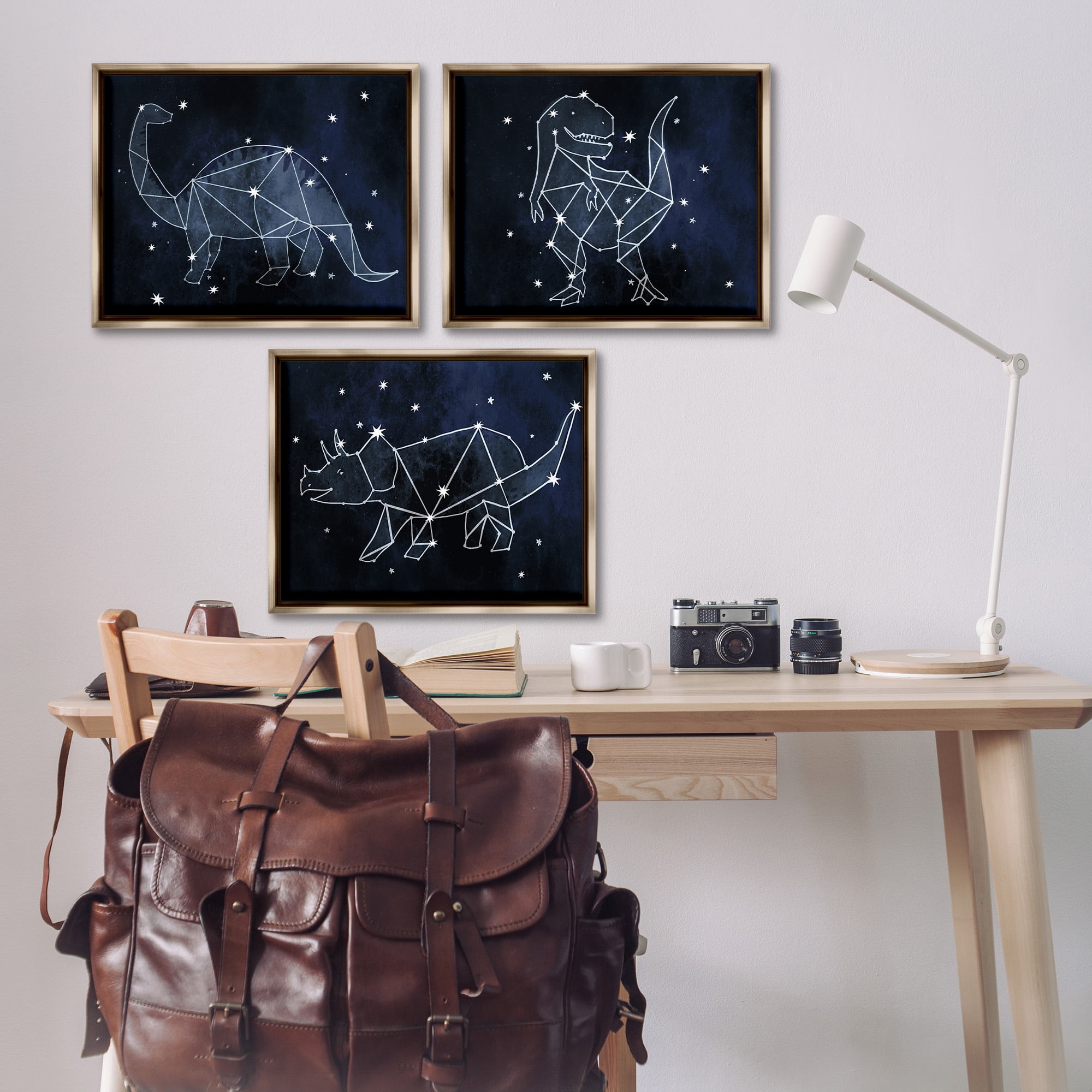 Stupell Industries Night Sky Dinosaur Constellations Animals & Insects Painting Brown Floater Framed Canvas Art Print Wall Art, 21 x 17, Set of 3