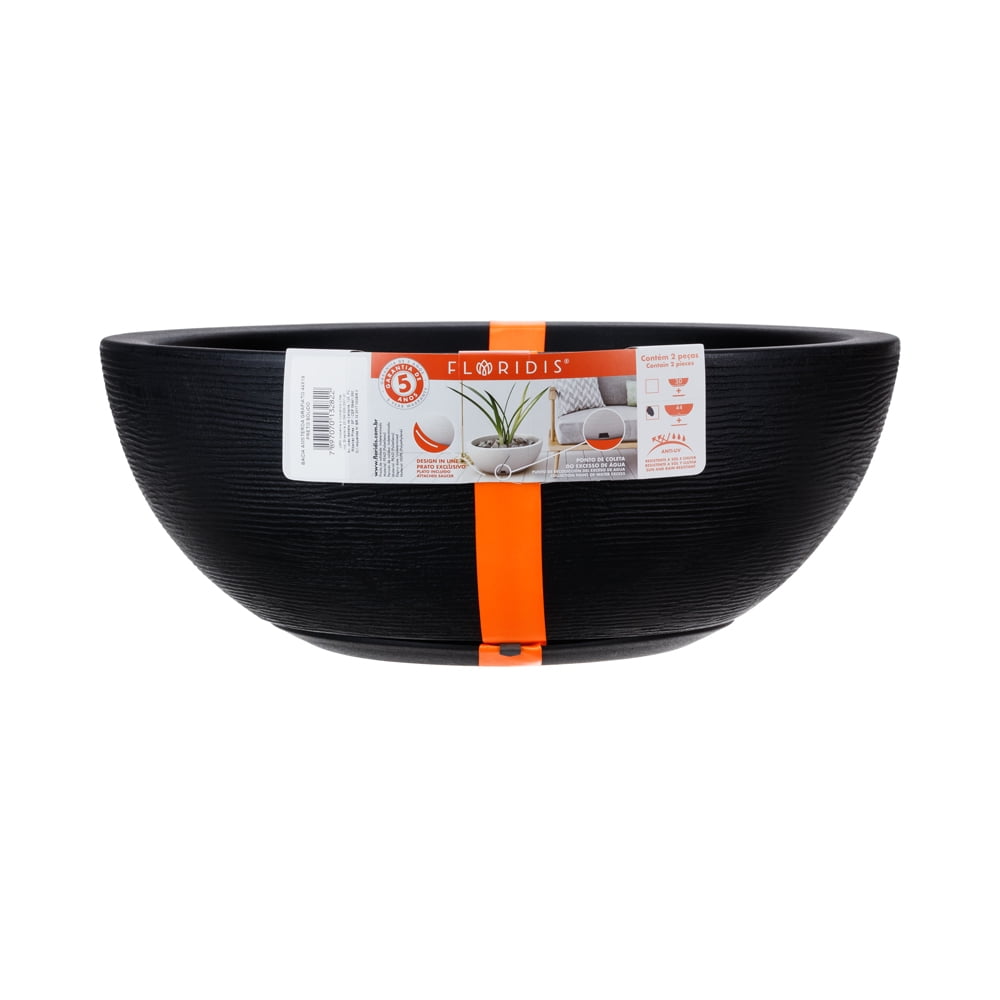 Outdoor Polyethylene Floridis Garden Bowl Planter, Removable Saucer, Drainage Hole, Indoor/Outdoor, Large Planter Bowl 20x7.50 inches, for Garden, Patio, Yard, Pool, Black