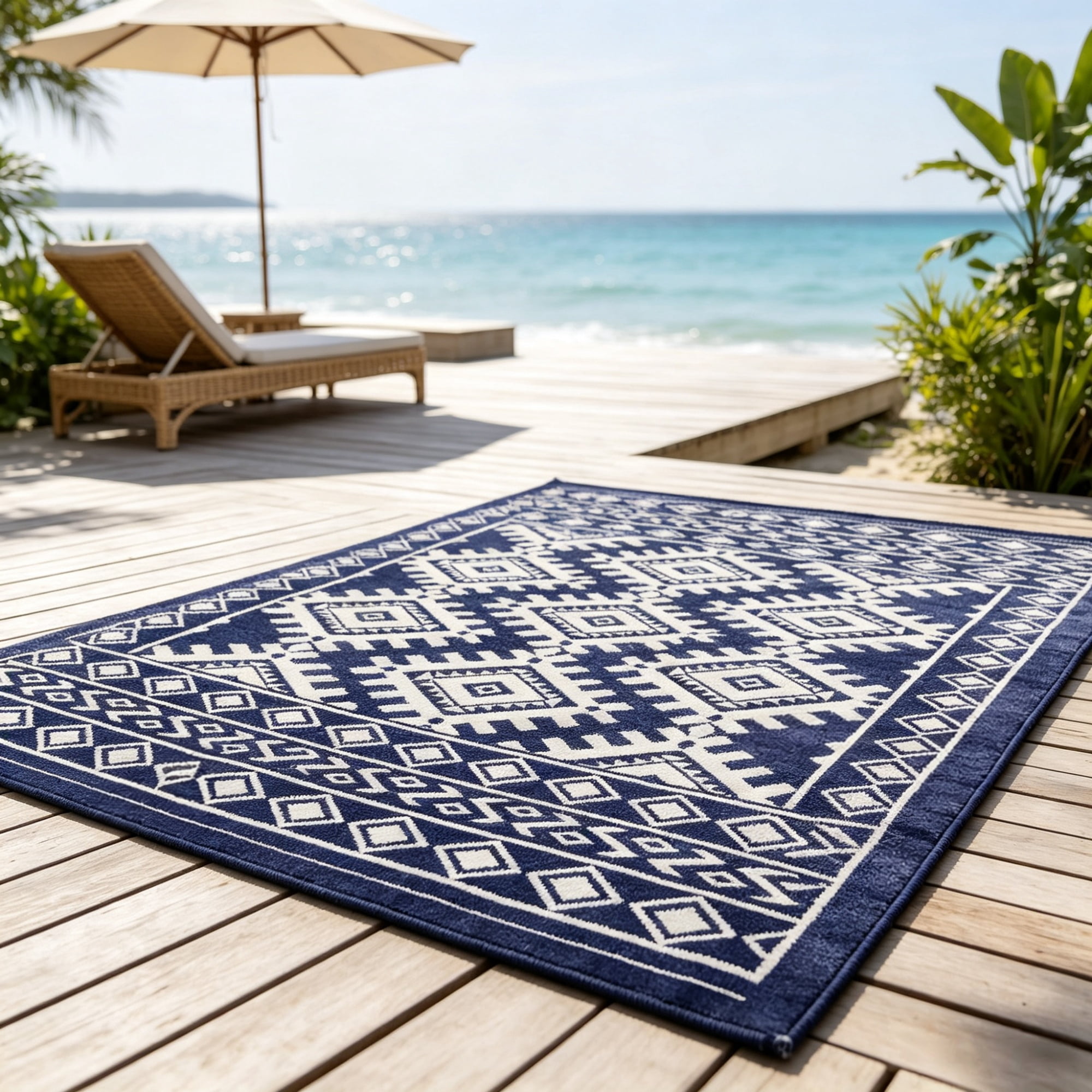8' x 10' Waterproof Reversible Outdoor Rug: Blue White Rhombus Border Plastic Straw Rug with Carry Bag