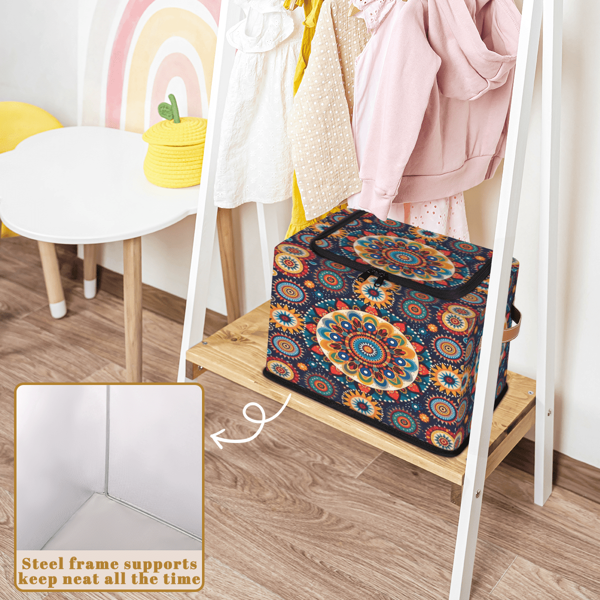 ADECORIVY Tribals Flower Circle Mandala Fabric Storage Bin with Lid, Decorative Closet Shelf Organizers, Foldable Basket Box Clothes Storage Bin with Handles