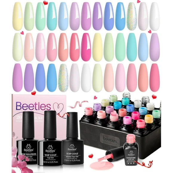 Set de esmaltes de uñas en gel Beetles, 20 colores, con purpurina pastel primaveral