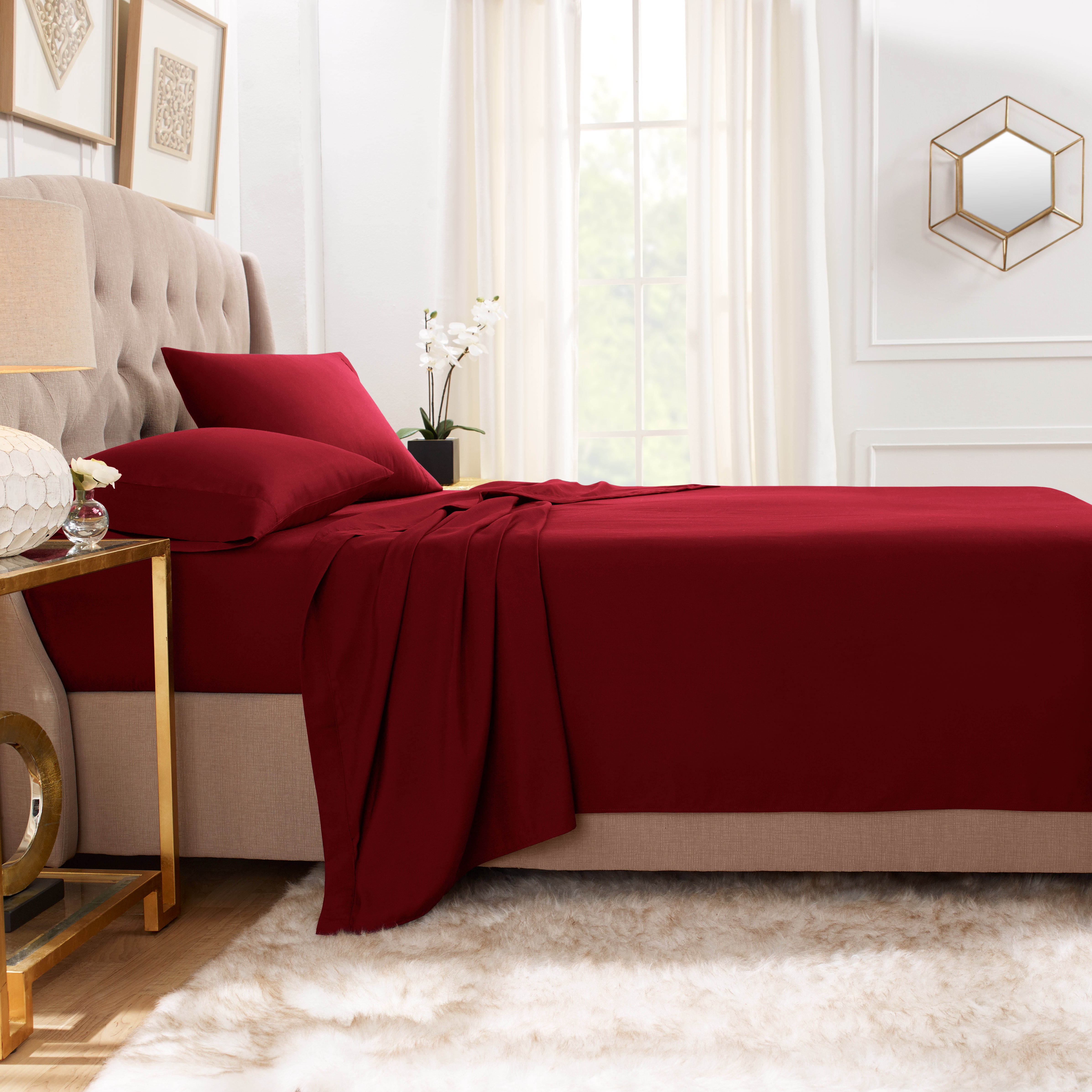 Hearth & Harbor Deep Pocket 3 Piece Solid Bed Sheet Set, 1800 Thread Count Microfiber Sheets, Twin, Ruby Wine