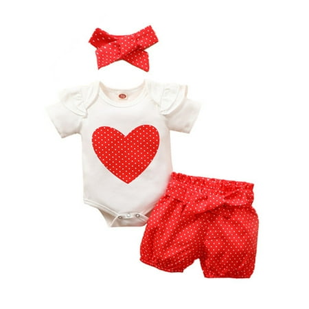 

EYIIYE Valentine s Day Newborn Girls Heart Printed Short Sleeve Tops+ Wave Point Shorts+ Bow Headband Clothing Set 0-24 Months