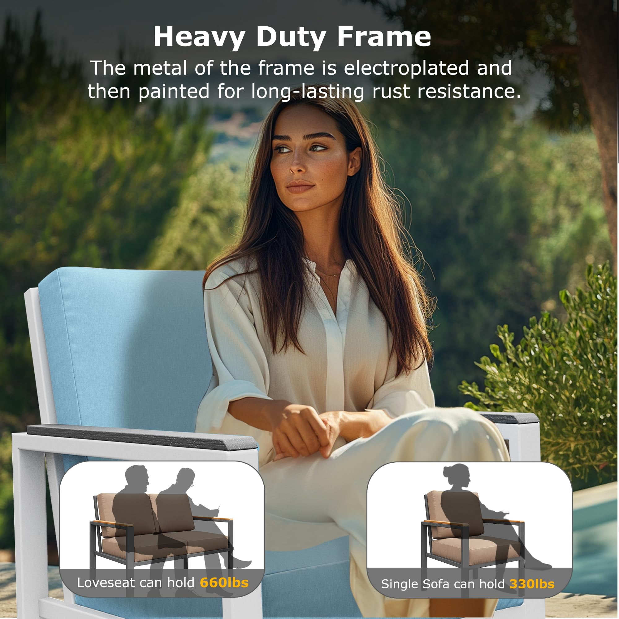 JXXM 4-Piece Outdoor Patio Conversation Set, Metal Furniture with Cushions & Coffee Table, White