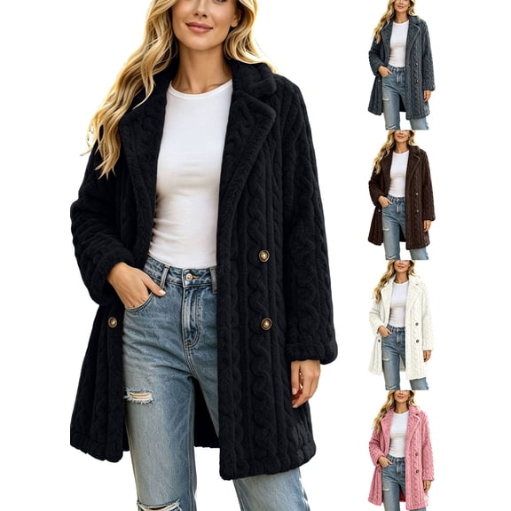 APEXFWDT Women's Notch Collar Fuzzy Trench Coat Button Front Long Sleeve Mid Length Jacket for Work Fall Winter Coat