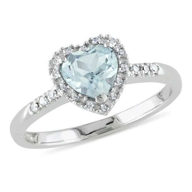 Gem And Harmony - Aquamarine Heart Ring 3/4 Carat (ctw) with Diamonds ...