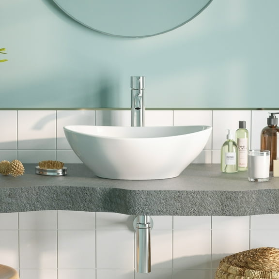 DeerValley DV-1V051 Vessel Sink Above Counter Bathroom Vanity Basin Bowl, High-gloss Oval Ceramic  in White