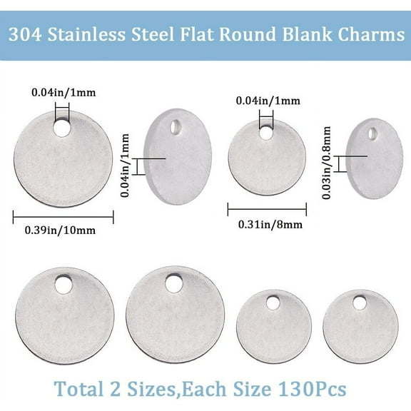 1box 260pcs 2 style 304 Stainless Steel Stamping Blank Tag Pendants Flat Round Stainless Steel color 8~10x0.8~1mm Hole: 1mm 130pcs/style