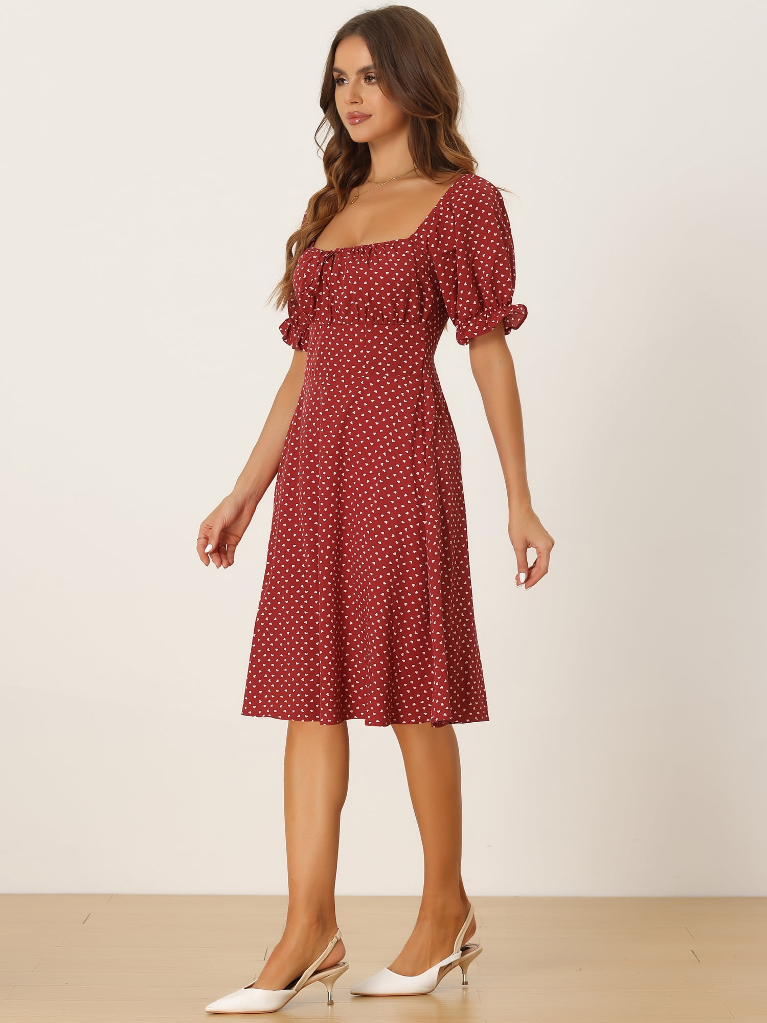 DARING DIVA Women's Heart Print Smocked Puff Sleeve Midi Dress M Red