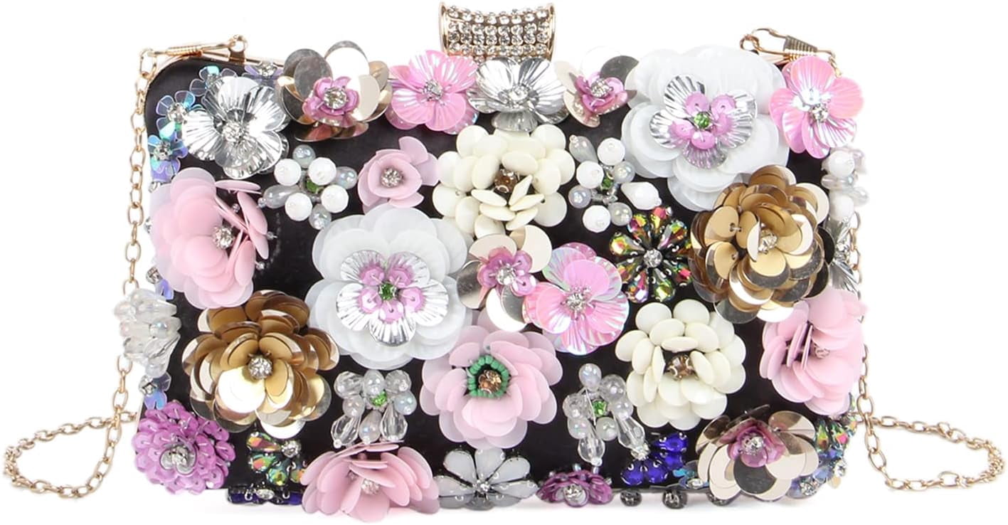 Women Elegance Floral Evening Clutch Purse Bags Flowers Beads Wedding Tote Bags Bride Shoulder Handbags