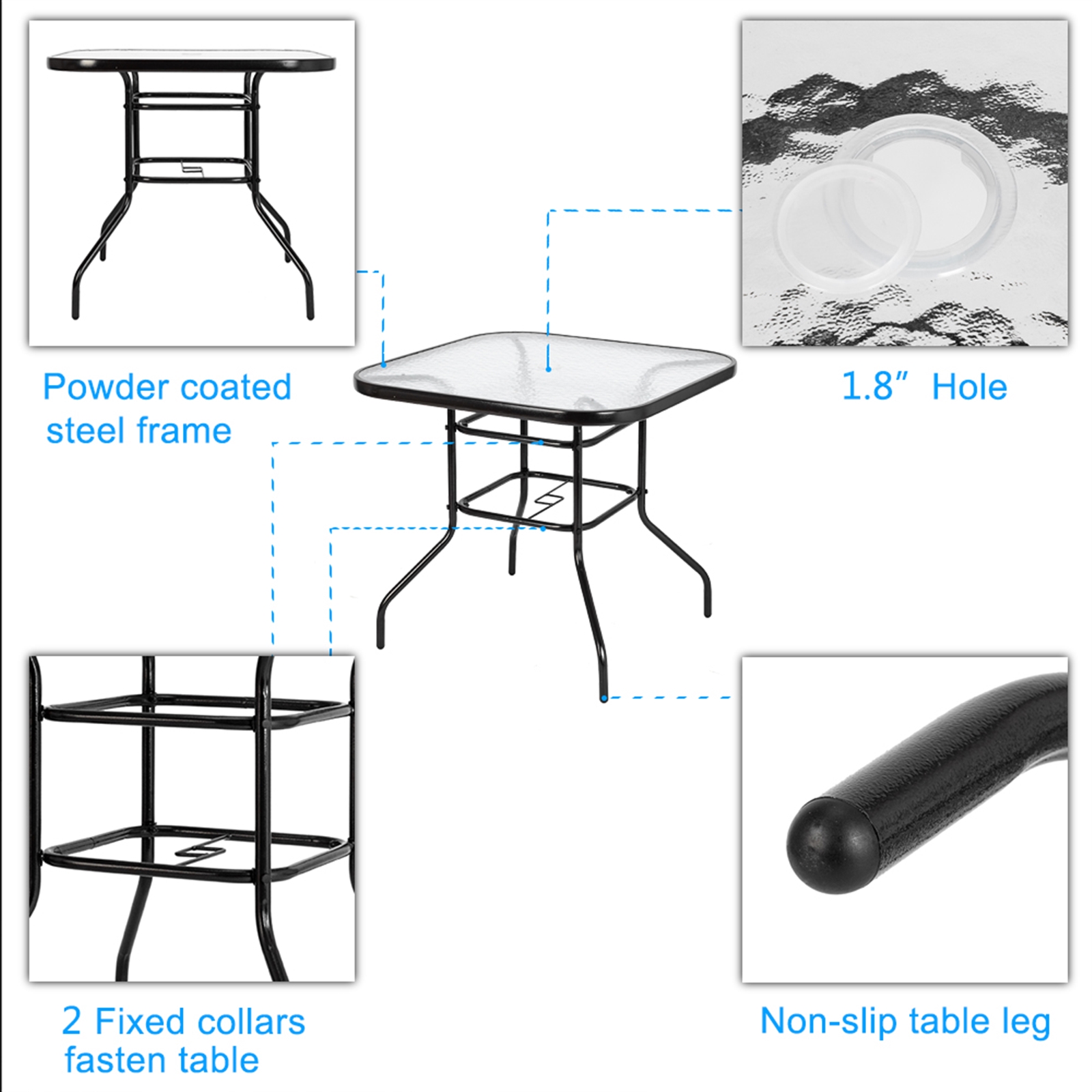 Goorabbit Outdoor Dining Table 31.5"Outdoor Bistro Table Square Patio Dining Table Side Table with Umbrella Hole, Outdoor Indoor Banquet Furniture with Metal Frame and Glass Top,Black - image 3 of 9