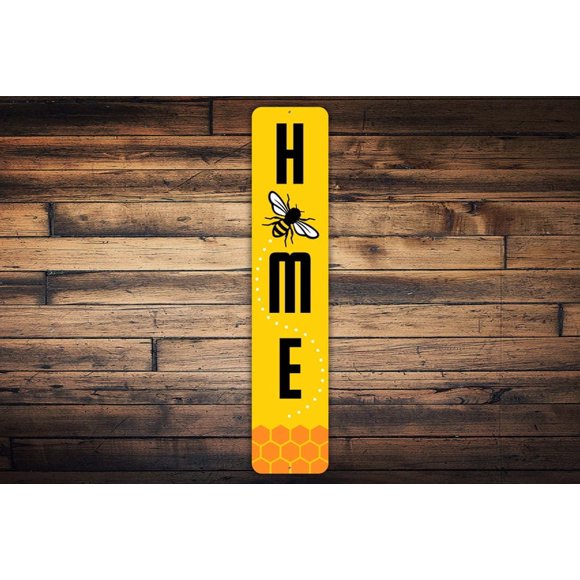 Home Honey Bee Sign Bee Farm Sign Farmhouse Decor Honeycomb Porch Sign Vertical Metal Sign Summer Sign Bee Home Decor Bee Keeper Gift Size: 4 x 16 Inch