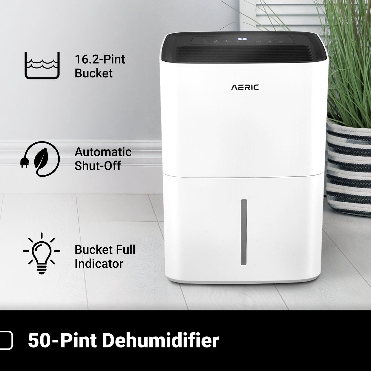 Aeric 50-Pint 4500 Sq Ft Portable Dehumidifier with Cooling Fan, Drain Hose & Pump, White, AERD501PF