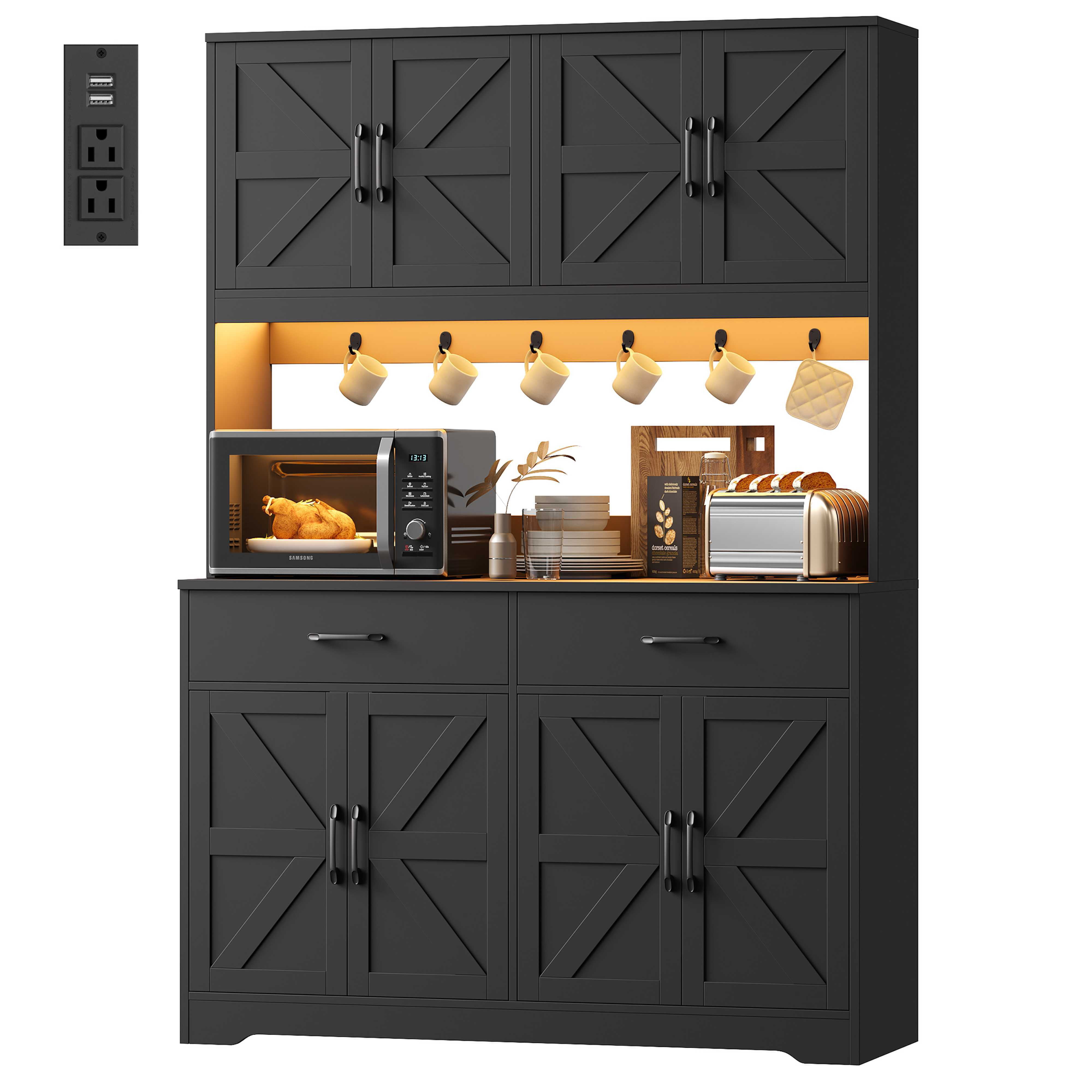 Hiphuta 71" Tall Kitchen Pantry Storage Cabinet with RGB LED and 6 Metal Hooks, Farmhouse Coffee Bar Cabinet with Charging Station, Buffet with Hutch and Microwave Stand, Black