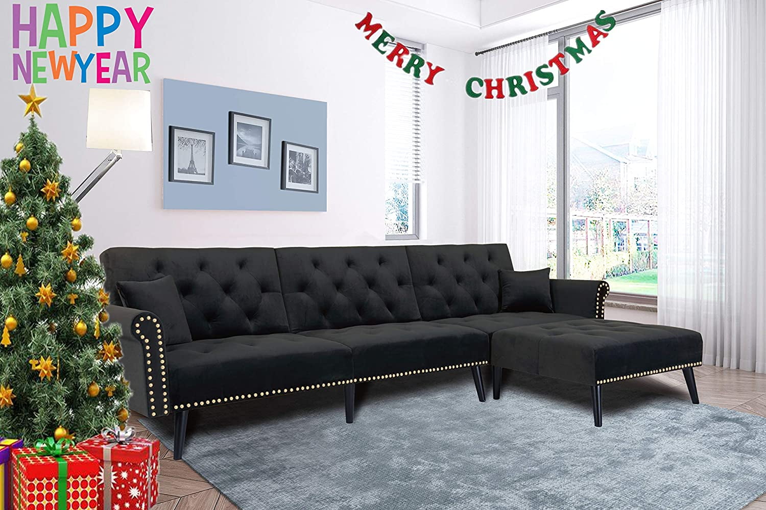 REVERSIBLE SECTIONAL VELVET SOFA SLEEPER WITH WOOD LEGS Home Sofa Bed Black