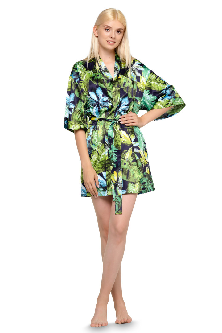 Navy Blue Tropical Satin Kimono Short Robe - Walmart.com