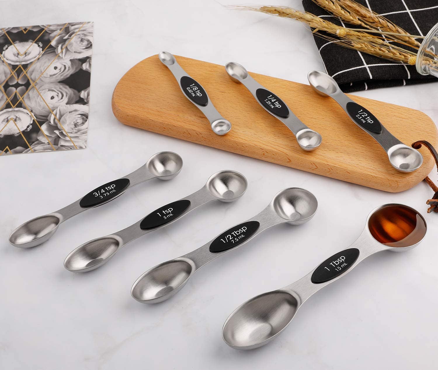Magnetic Measuring Spoons Set - Wildone Stainless Steel Double Sided Measuring Spoons Set of 7, for Dry and Liquid Ingredients, Including 6 Heavy Duty
