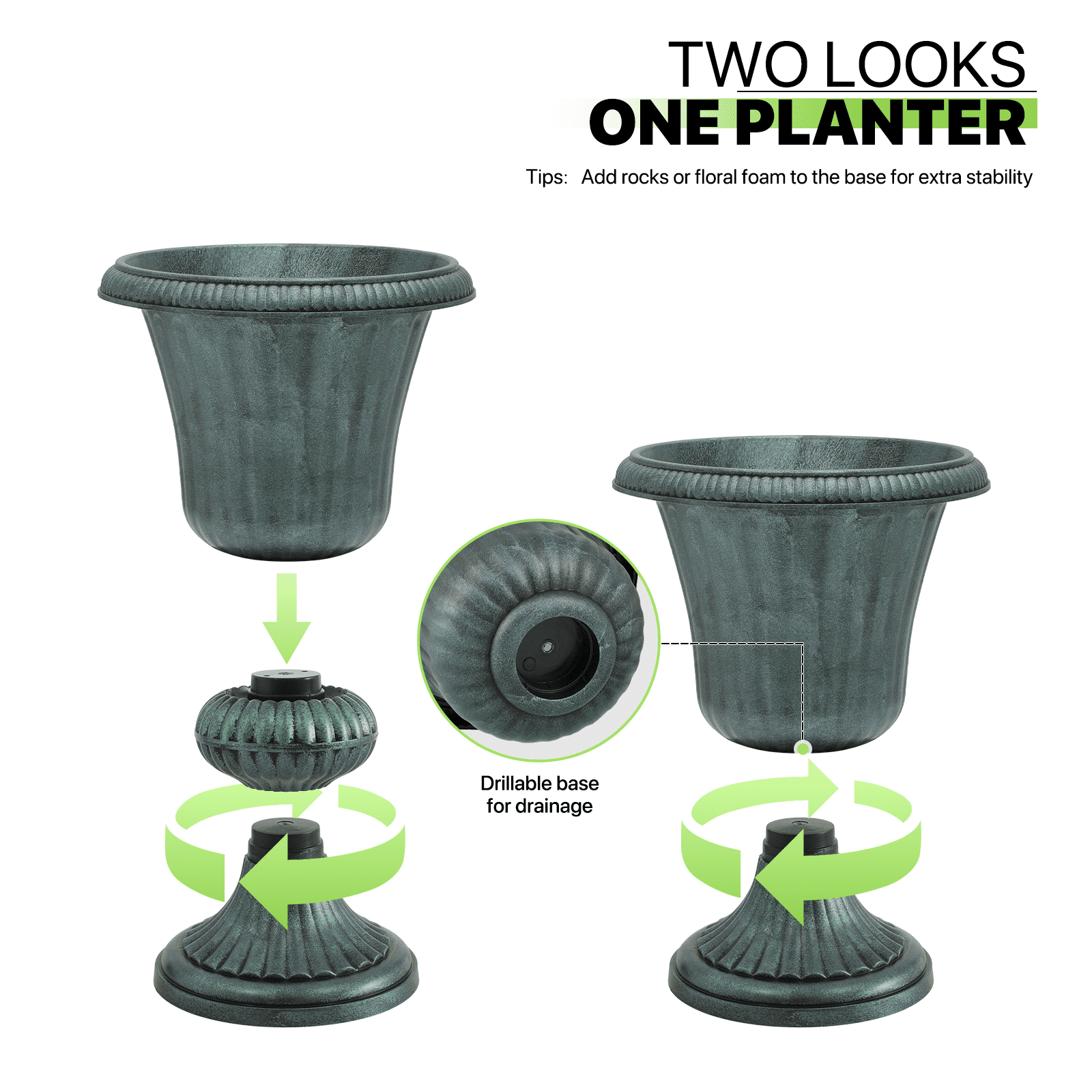 Magshion 20" Urn Planters 2-Pack, Weatherproof Tall Plastic Flower Pots for Indoor/Outdoor Garden Patio Porch Entryway Decor, Dark Green