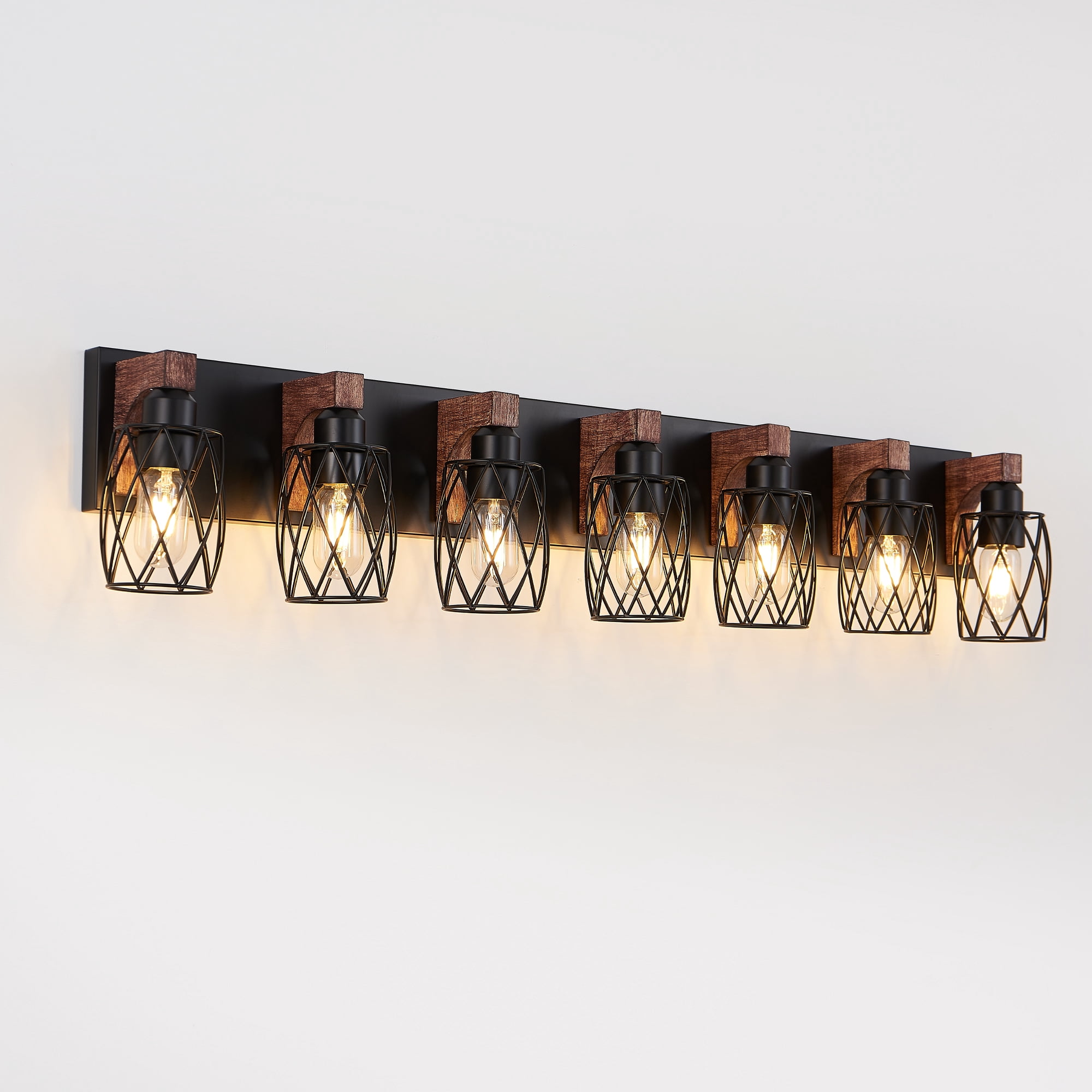 Farmhouse Bathroom Bathroom Vanity Light , 7 Light with Metal and Glass Lampshade, Wood Rustic Lighting Fixtures Over Mirror（44.3inch）