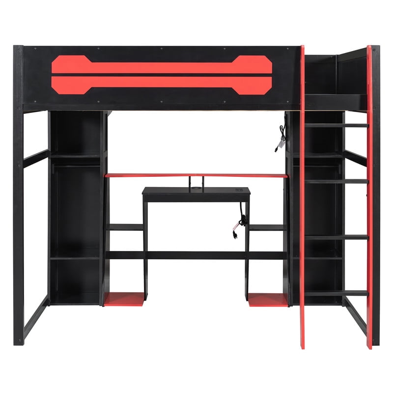 Full Size Wooden Gaming Loft Bed with Desk, RGB LED Lights, USB Charging Station, Wardrobe and Storage Cabinets, Space-Saving Loft Bed Frame with Workstation for Bedroom