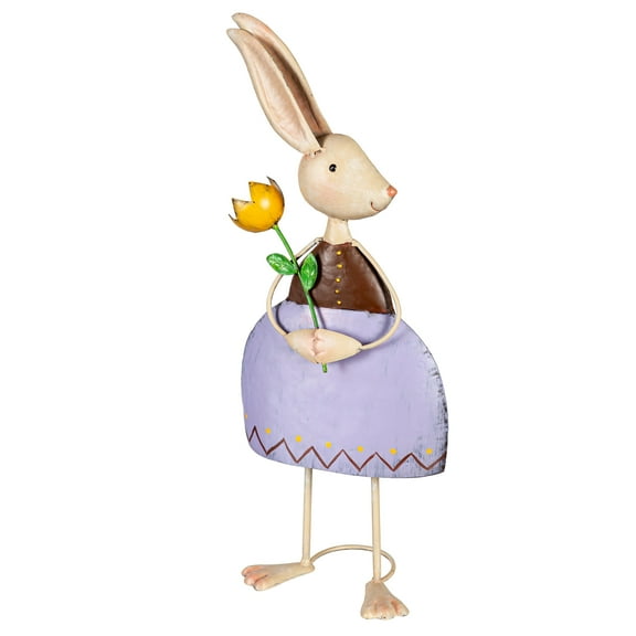 Metal Bunny Holding Flower Statuary