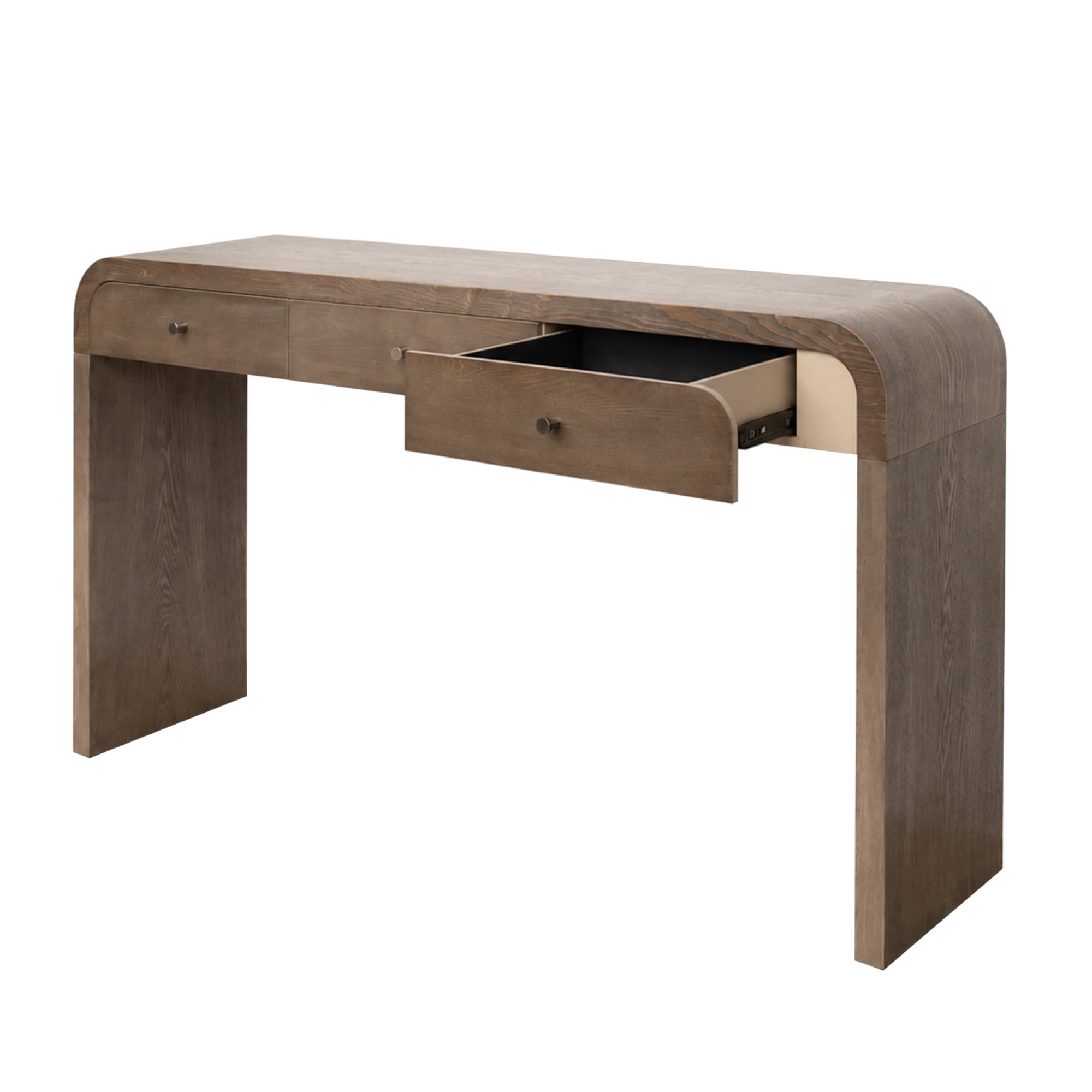 Leumius Curved Side Table with 3-Drawer, Entryway Sofa Table with Gold Pull Handles, Storage Accent Table for Living Room Hallway Foyer Dark Brown