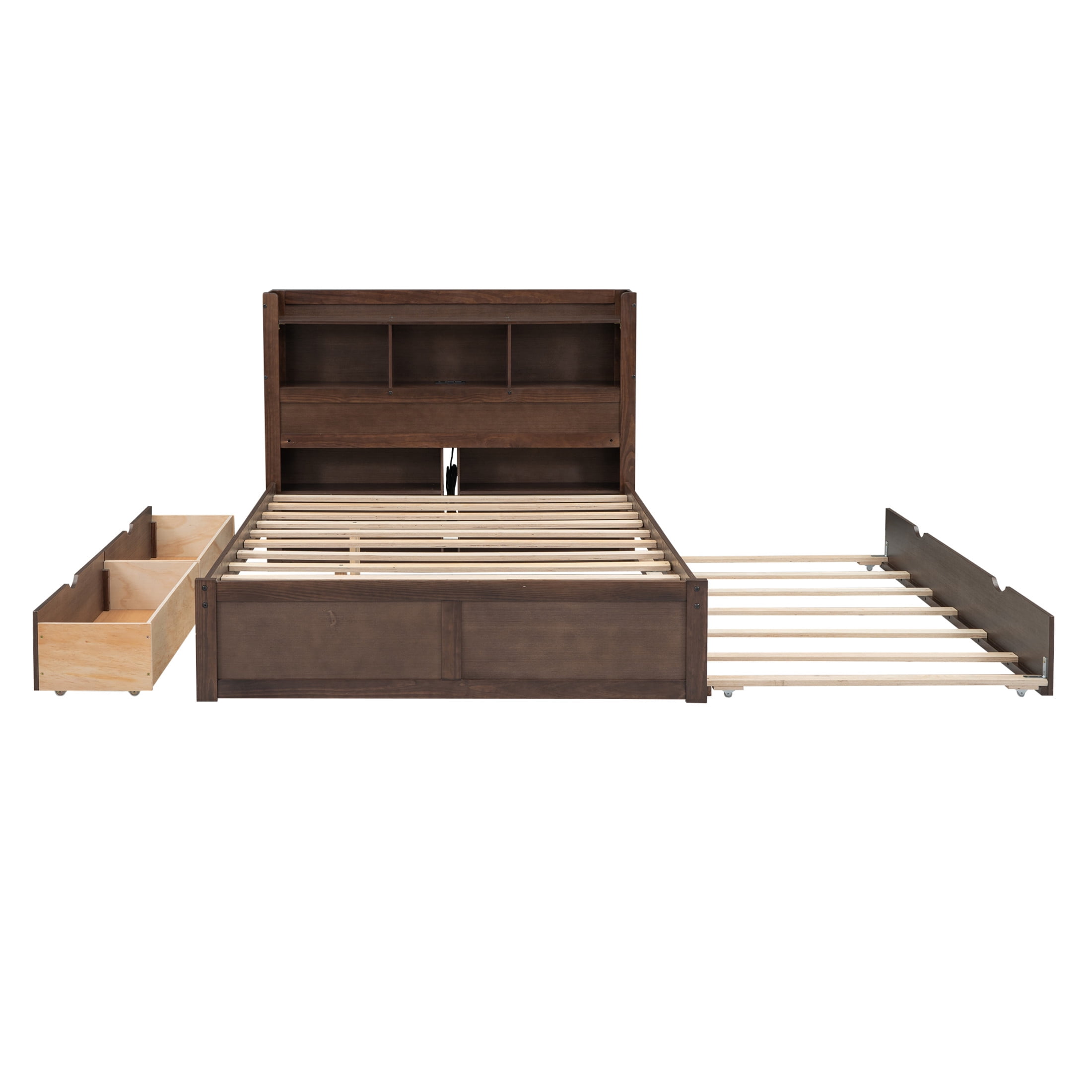 Noble House Full Size Storage Platform Bed with Pull Out Shelves, Twin Trundle and Drawers, Solid Wood Frame, Espresso