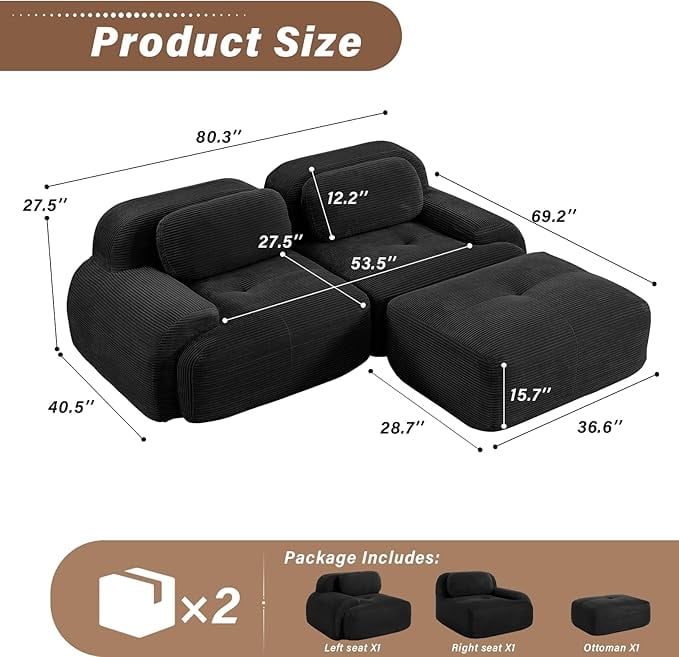 Howcool 80" Modern Corduroy Boneless Love Seat Couches with 1 Ottoman,2 Seater Large Sectional Couches for Living Room,Cloud Modular Sectional Sofa,Memory Foam, Extra Deep Loveseat,No Assembly,Black