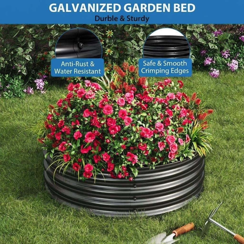 2x1FT Round Galvanized Raised Garden Bed, Rust & Corrosion Resistant Metal Box with Safe Edging for Outdoor Gardening, Black