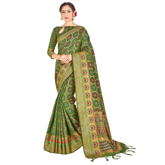 Sarees for Women Banarasi Art Silk Woven Wedding Saree || Ethnic Indian Gift Traditional Gift Sari with Unstitched Blouse Green