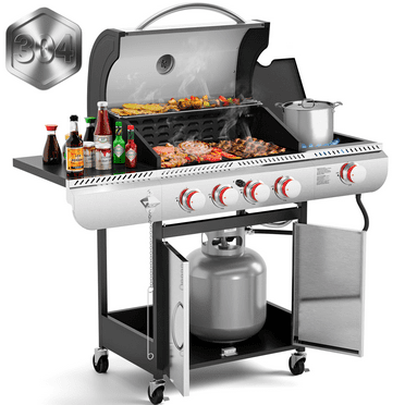 4-Burner Propane Gas Grill with Side Burner, Portable Stainless Steel BBQ Outdoor Cooker, 42,000 BTU, LHRIVER