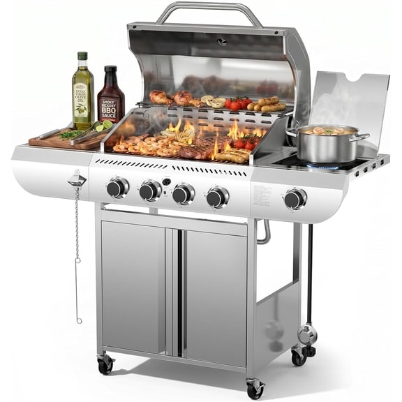 42000 BTU 4-Burner Stainless Steel Gas Grill, BBQ Grill with Side Burner & Enameled Cast Iron Grates, Pull-Out Oil Tray for Outdoor Backyard