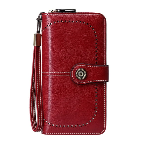 YOUSNH Women's RFID Antimagnetic Wallet European and American Wax Leather Wallet Large Capacity Handbag Wallet Red