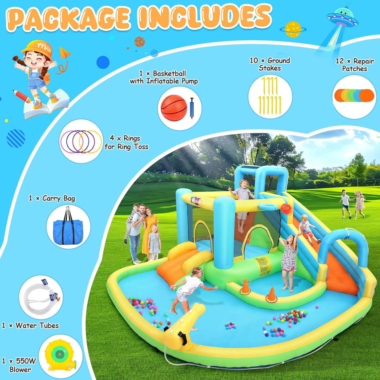 Veeboto Inflatable Water Slide for 3-12 Years, Bounce House with Climbing Wall, Ball Pool, Water Guns, Basketball Hoop, Hoop Game, Indoor/Outdoor Kids Bouncy Castle with Blower
