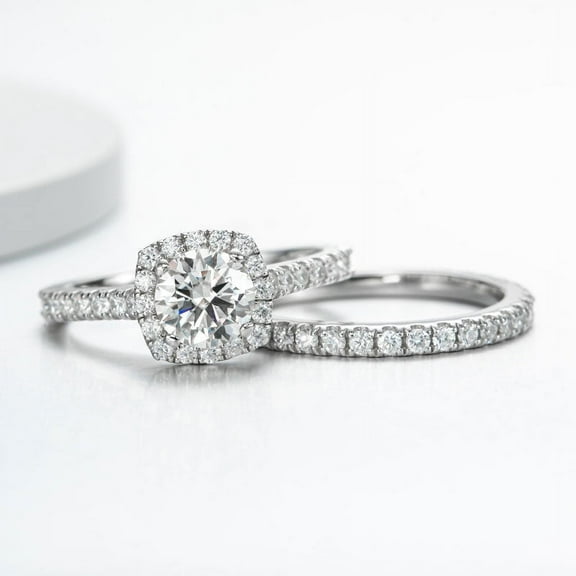 Bow Jewelry 14K White Gold Plated 1.77 Ct Round Cut Moissanite Band - Gorgeous Bridal Set Moissanite Rings - Bridal Jewelry with Matching Band - Celebrate Love with Designer Cushion Halo Wedding Ring