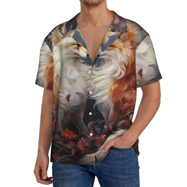 Fotbe Romantic Flower Fox Couple Camisa Estampada de Manga Corta para Hombre, Casual de Verano, Estilo Playero, Sin Arrugas-Small