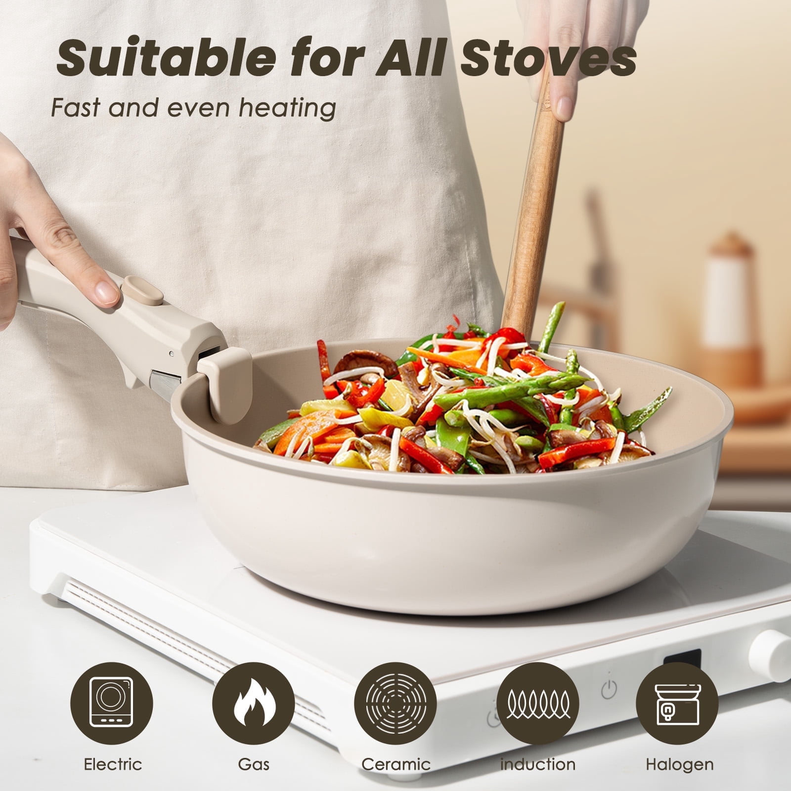 Kikcoin 19 Pcs Non-Stick Pots and Pans Set, Non-Toxic Coating Cookware Set with Removable Handles, Induction/Oven Safe to Use(Beige)